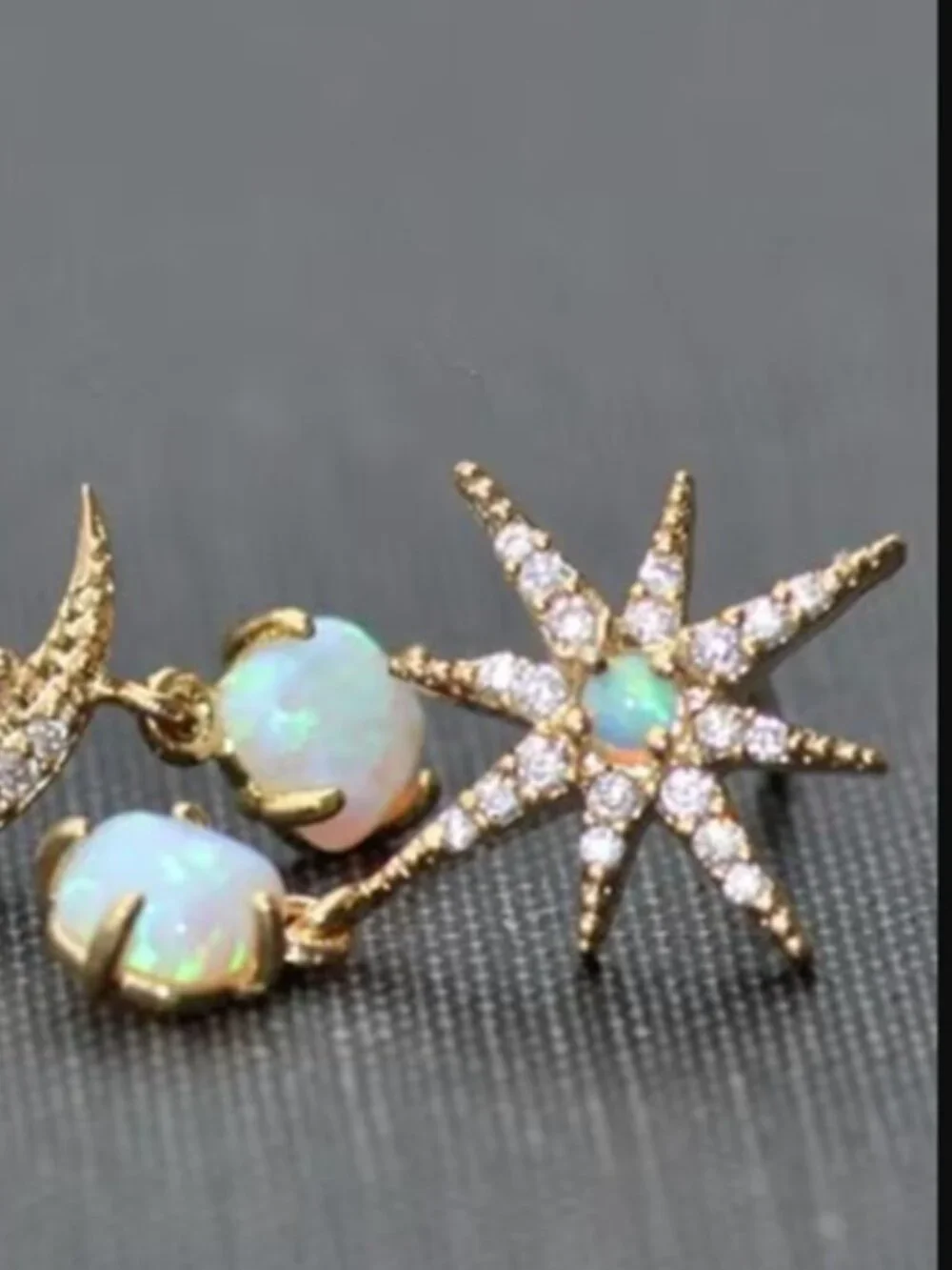 DESIGNER Moon & Starburst Gold Clear Crystal/Faux Opal Mismatch Earrings**NEW!